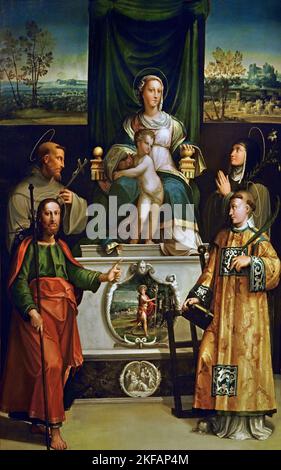 The Virgin  and Child enthroned With Saints James the Greater, Lawrence, Francis of Assisi and Clare,1530-35, by Nicolo dell`Abate,1509-1571,  Italy, Italian. Stock Photo